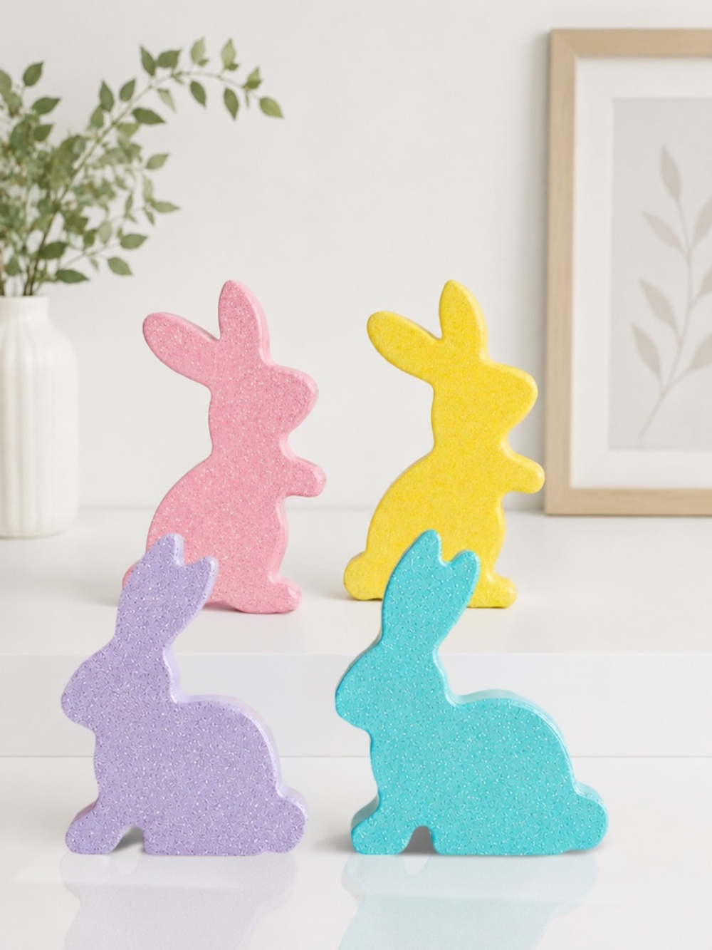 4 Set: Hobby Lobby Glitter Bunny Wood Decor Pastel Easter Tabletop Spring Decor